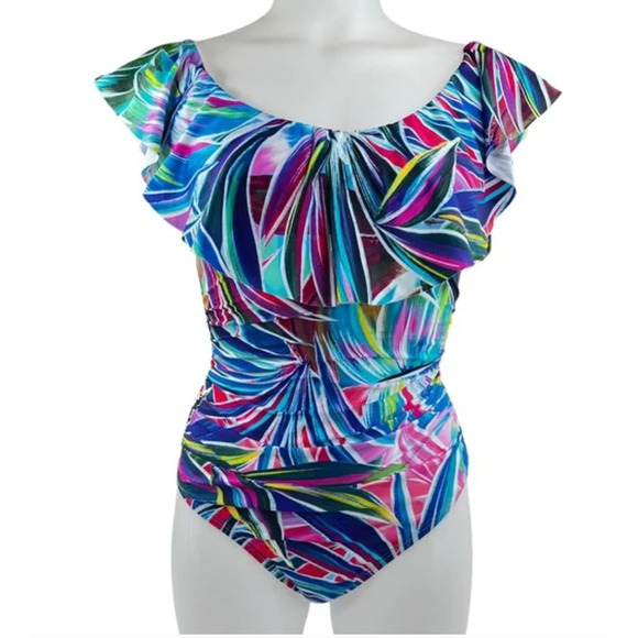 La Blanca Women's Palm Off Shoulder Ruffle One Piece Swimsuit Blue 10 NWT - Picture 6 of 7